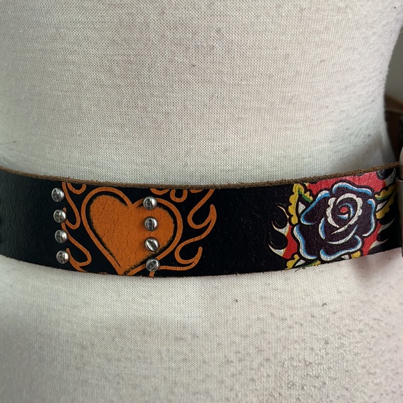 Ed Hardy leather retro Y2K biker hearts & rose, stud belt with embroidery size M main image 8